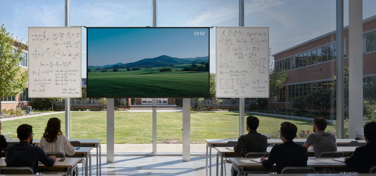 The image shows a modern classroom with large window fronts overlooking a well-maintained campus. In the center stands a large celexon Expert manual 2-column pylon system Adjust-W with a digital display showing a calm landscape of green fields and rolling hills, while traditional whiteboards on the left and right are covered with mathematical formulas and sketches. Several students are seated at tables, facing forward.