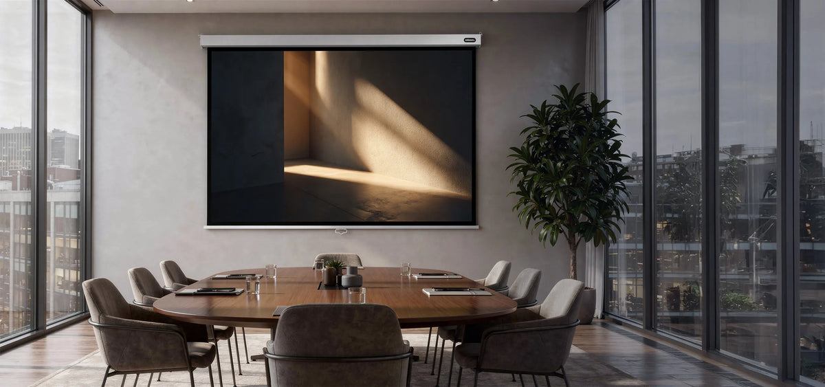 A modern conference room with a large wooden table, upholstered chairs, and floor-to-ceiling windows; mounted on the wall is a celexon Manual Professional Plus projector screen displaying a minimalist light-and-shadow motif, alongside a tall indoor plant and a city view.