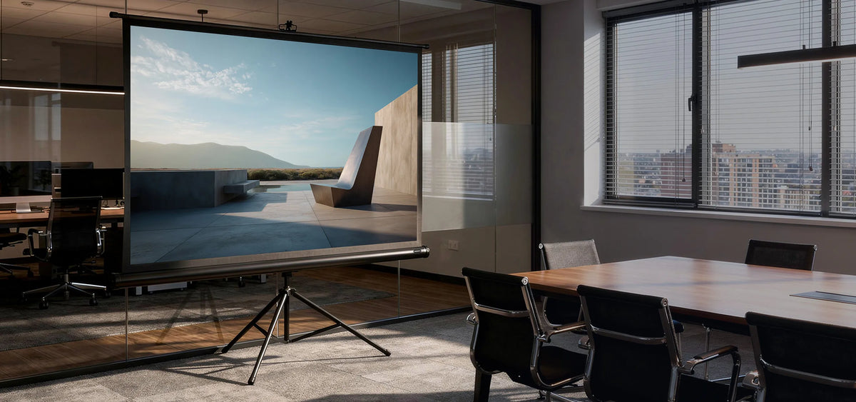 The image shows a modern conference and presentation room in an office building. In the foreground stands a celexon Tripod Economy projector screen, displaying a minimalist architectural scene.
