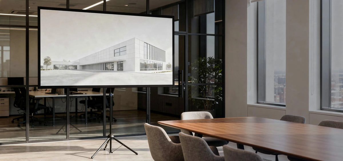 Modern presentation and meeting environment in an office: in a bright, glass-walled conference room stands a celexon Ultra Light-weight tripod screen, displaying a minimalist architectural visualization of a modern building.