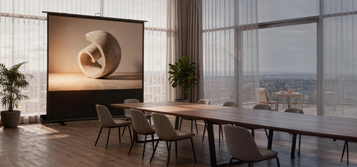 Modern conference room with a large wooden table and a celexon Mobile Professional Plus projector screen, displaying a minimalist stone sculpture in warm light