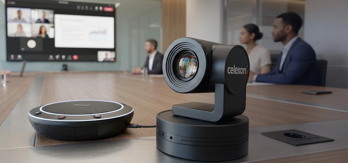 A modern conference room featuring a celexon VKS2040 video conferencing system on a meeting table; in the foreground are a pan-tilt conference camera and a speaker, while a screen in the background displays an ongoing video conference.