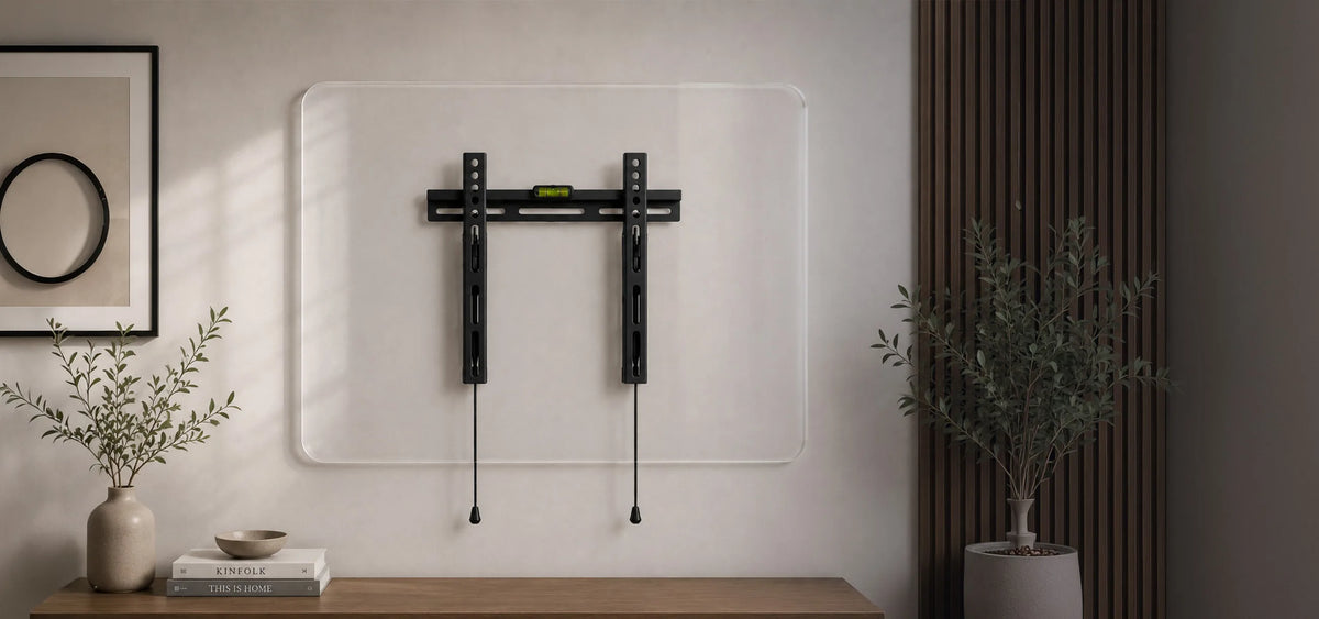A minimalist product presentation of a slim TV wall mount, centrally mounted on a bright, modern wall. Behind the mount is a transparent acrylic panel with rounded corners, serving as a subtle presentation surface. The wall mount is shown from the front, clearly displaying its integrated spirit level, mounting rails, and safety release cords. A light wooden sideboard, subtle indoor plants, vertical wooden slats, and warm indirect lighting create a premium, contemporary living atmosphere. 