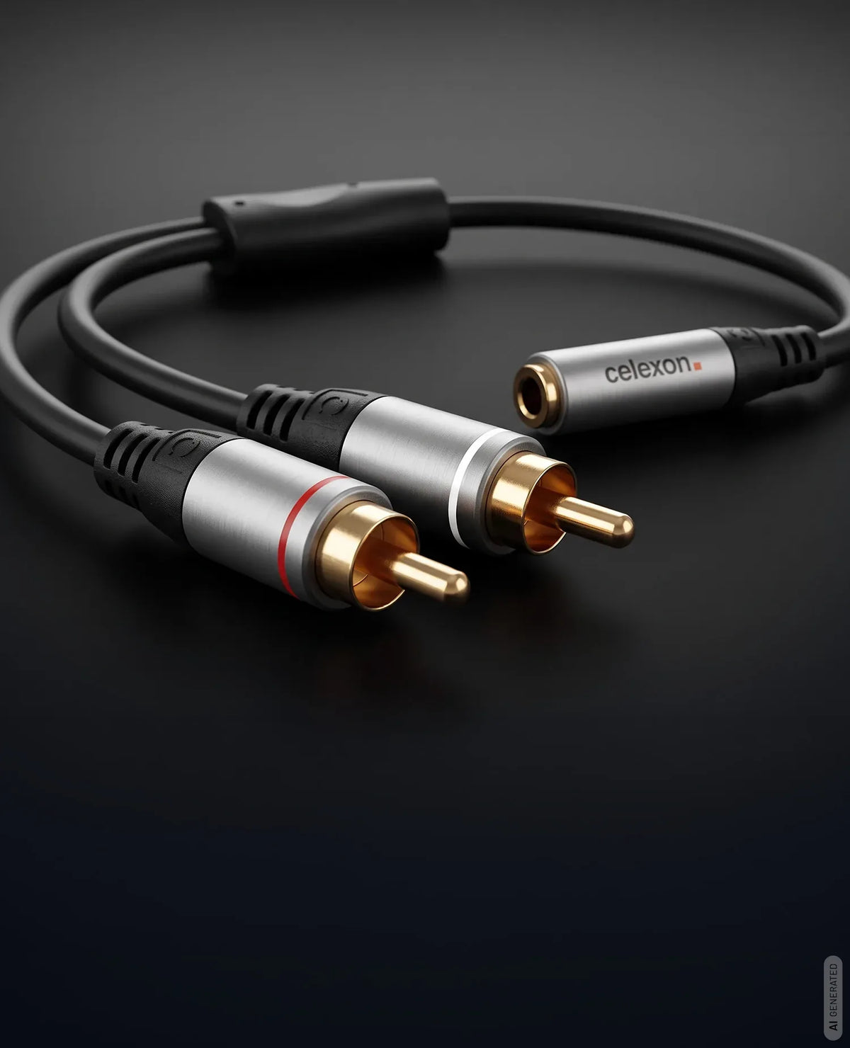 celexon 2x cinch to 3.5mm stereo jack M/F audio adapter 0.25m - Professional Line in front of a dark background