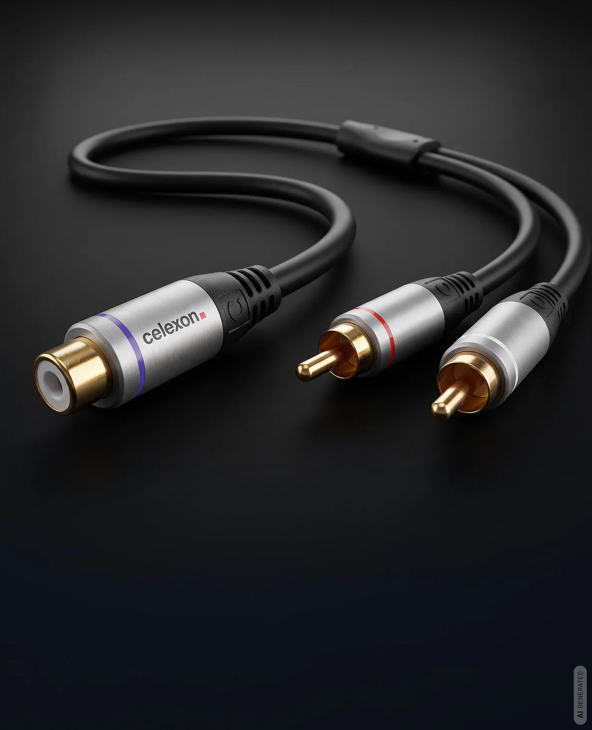 celexon 2x cinch to cinch M/F audio adapter 0.25m - Professional Line in front of a dark background