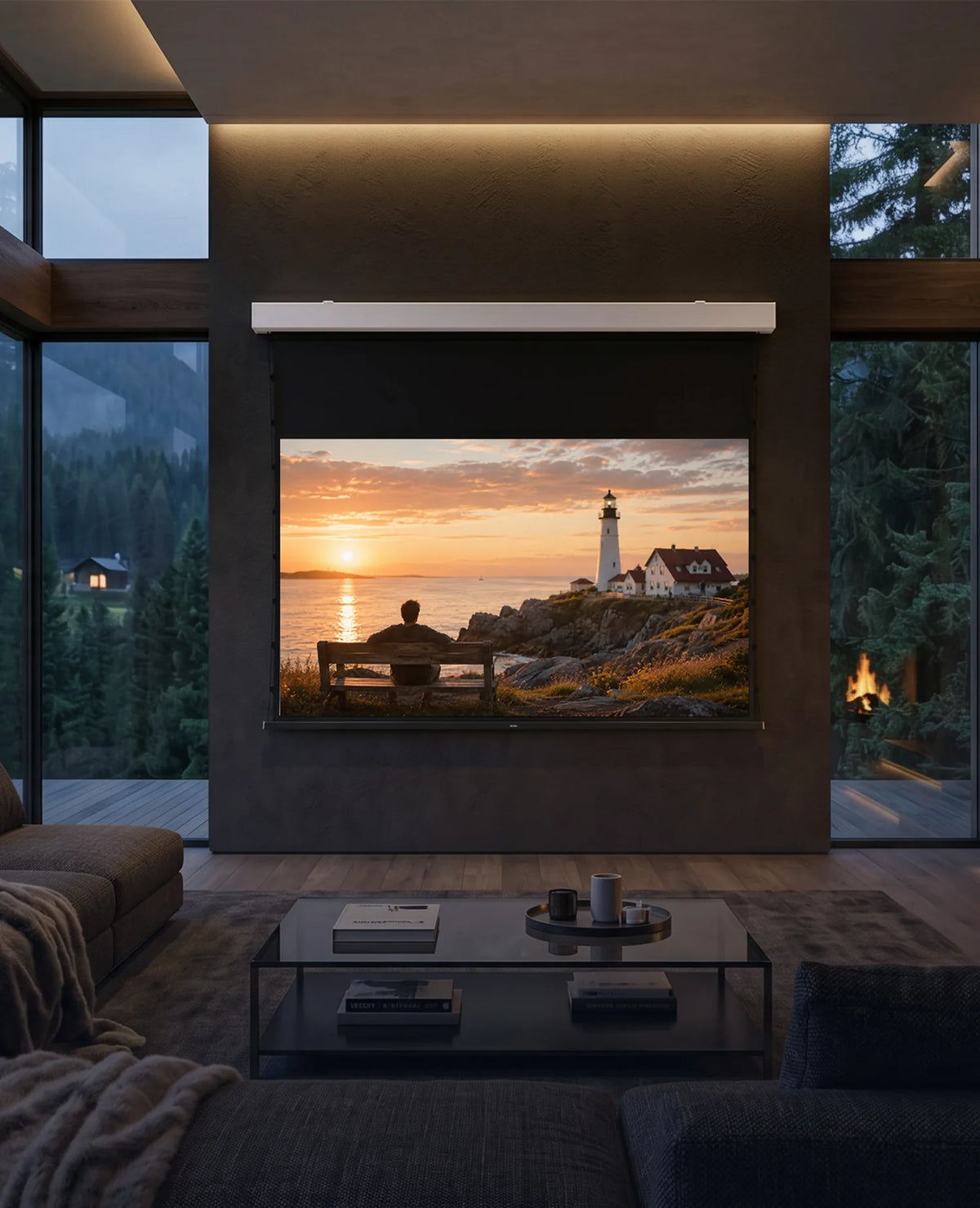 A modern living room with large windows and a celexon 4K Pro MWHT Premium Plus Screen Electric Tension, displaying a coastal landscape with a lighthouse at sunset. Dark seating and a coffee table create a cozy home cinema atmosphere.