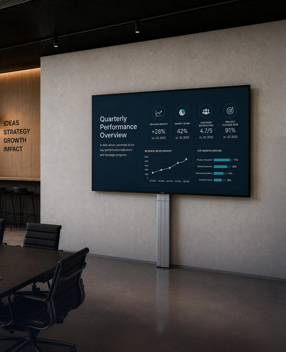A premium conference room featuring a celexon Adjust-4275WS display stand shown from the front. The large display presents a clean, minimalist business presentation. Dark materials, exposed concrete, natural wood accents, and warm indirect lighting create an elegant, high-end atmosphere with a clear focus on the product.