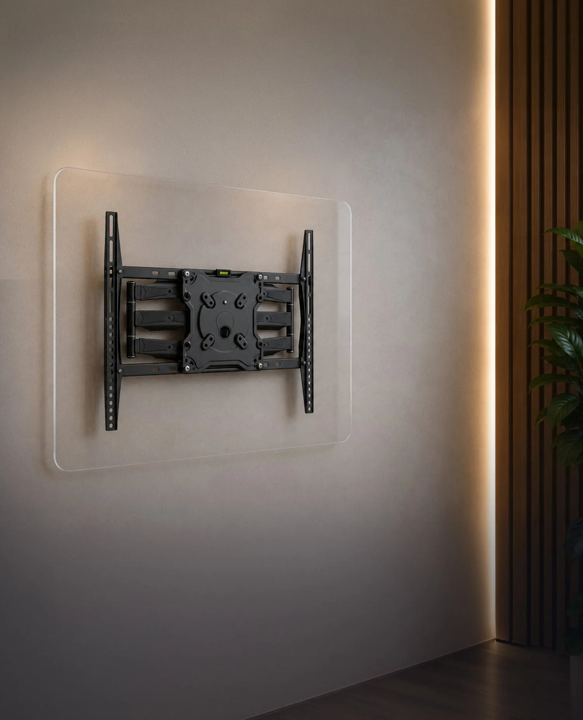 A minimalist product presentation of a TV wall mount with a transparent acrylic panel featuring rounded corners resting on the mount. Slightly angled front view with the central VESA mounting interface and the entire wall mount fully visible. A bright, modern wall, vertical wooden slats, a subtle indoor plant, and warm indirect lighting create a premium living atmosphere with a clear focus on the product.