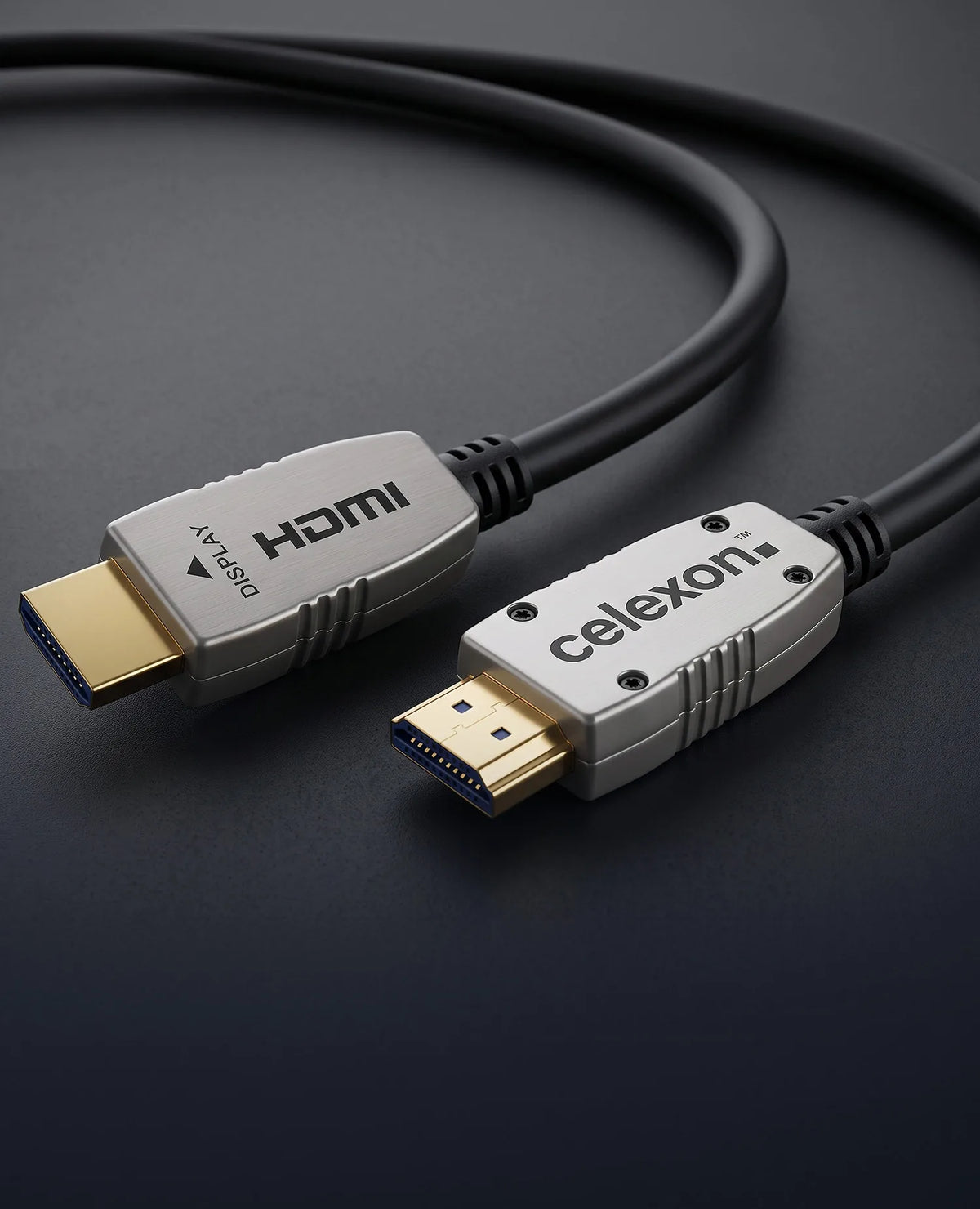 celexon UHD Optical Fibre HDMI 2.0b Active Cable in front of a dark background