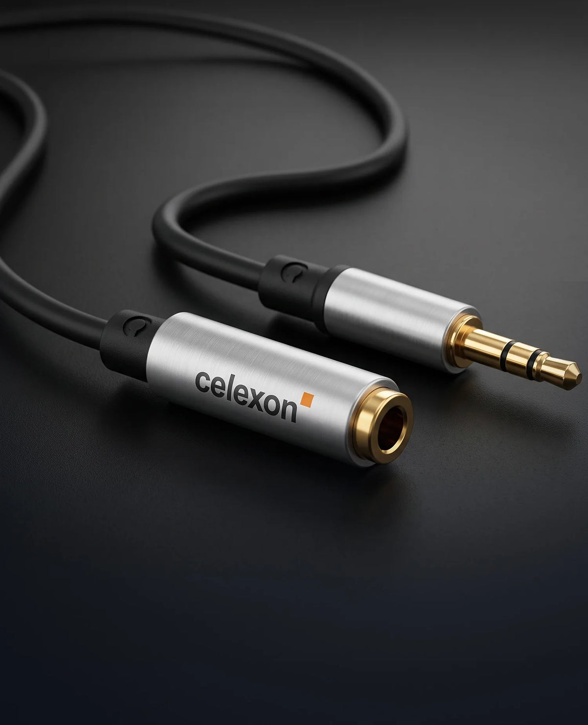 celexon 3.5mm stereo jack to 6.3mm stereo jack M/F audio adapter 0.25m - Professional Line in front of a dark background