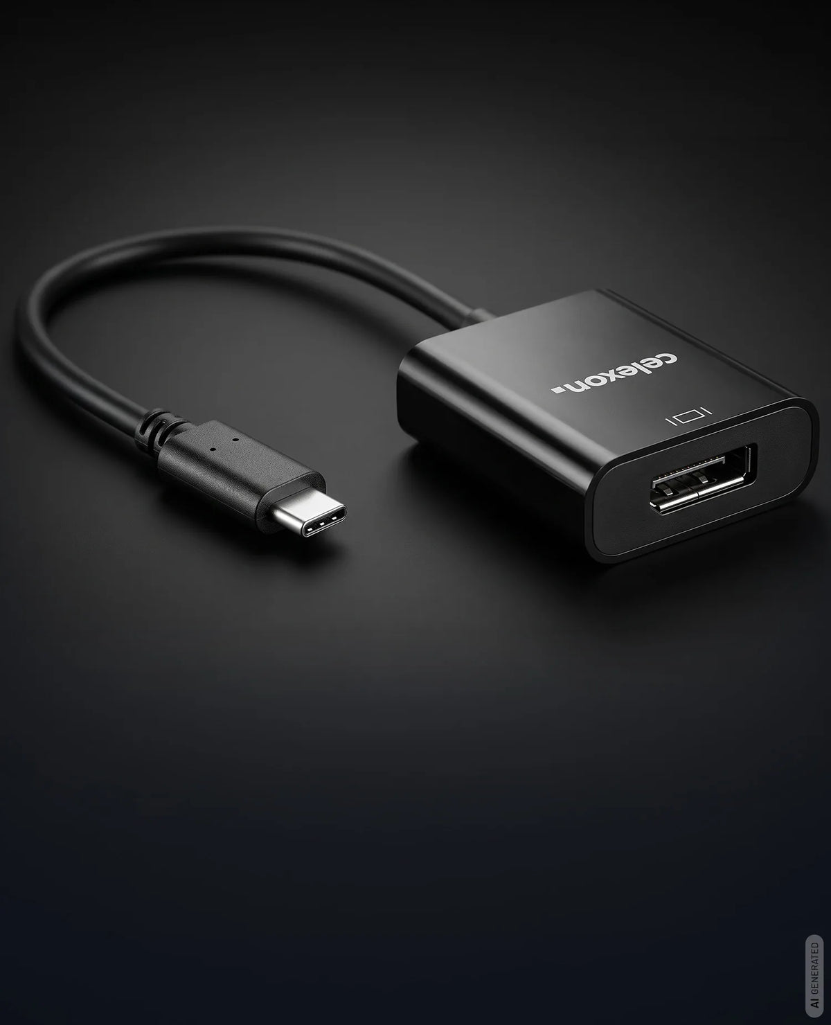 celexon USB-C to DisplayPort M/F adapter in front of a dark background