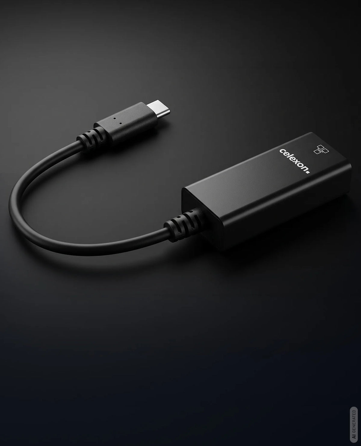 celexon USB-C to Ethernet M/F adapter in front of a dark background