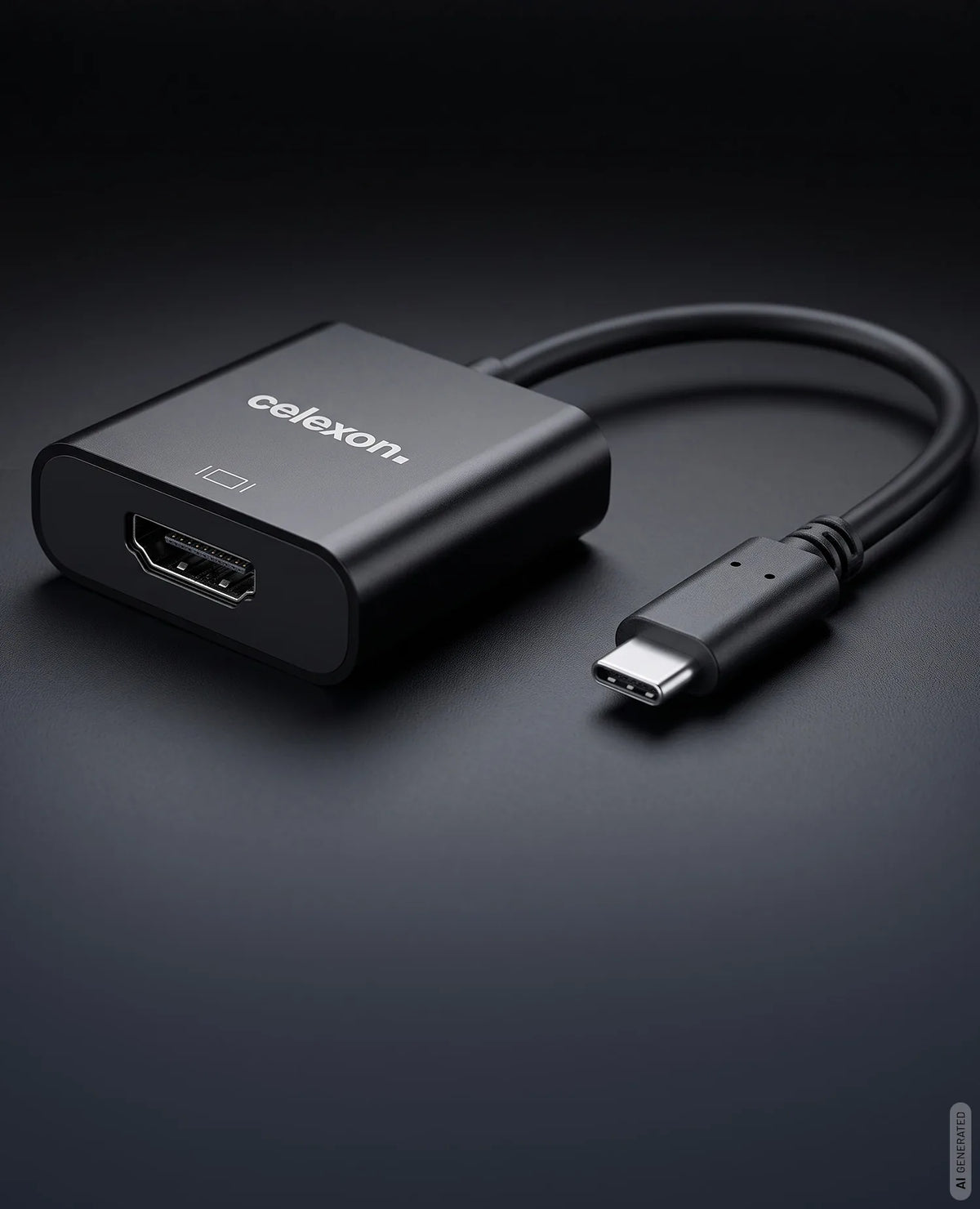 celexon USB-C to HDMI M/F adapter in front of a dark background