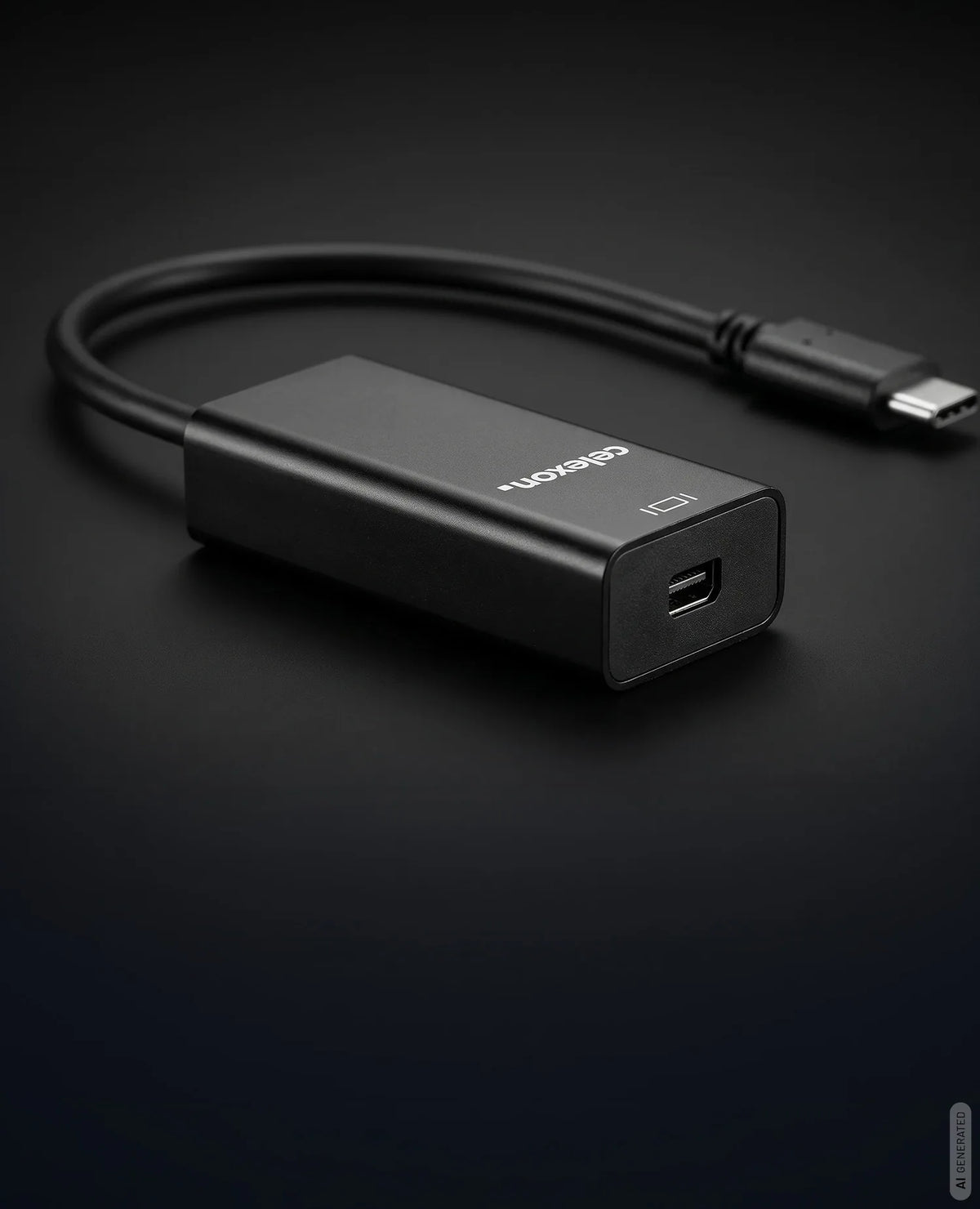 celexon USB-C auf mini DisplayPort M/F Adapter in front of a dark background