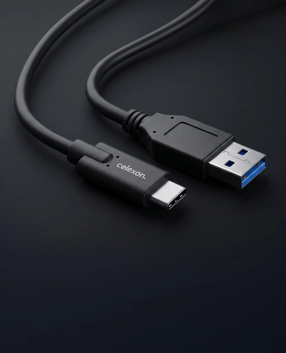 celexon USB-C to USB-A cable - USB 3.2 Gen 2x1 in front of a dark background