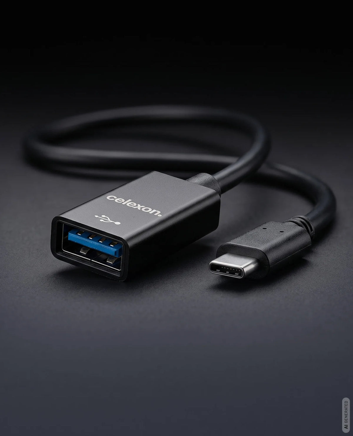 celexon USB-C to USB-A M/F adapter in front of a dark background
