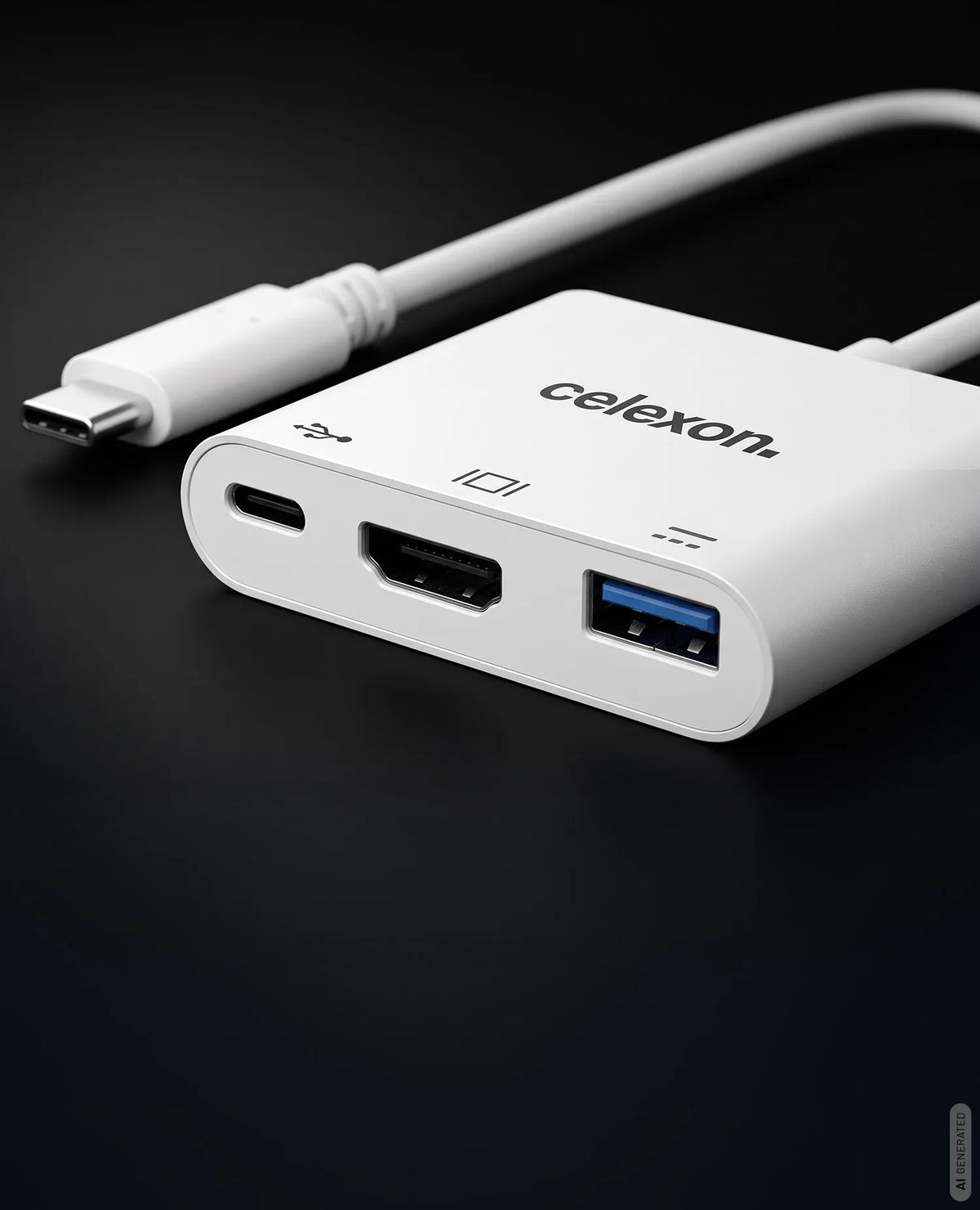 celexon USB-C to HDMI - USB-A - USB-C M/F Multiport Adapter in front of a dark background