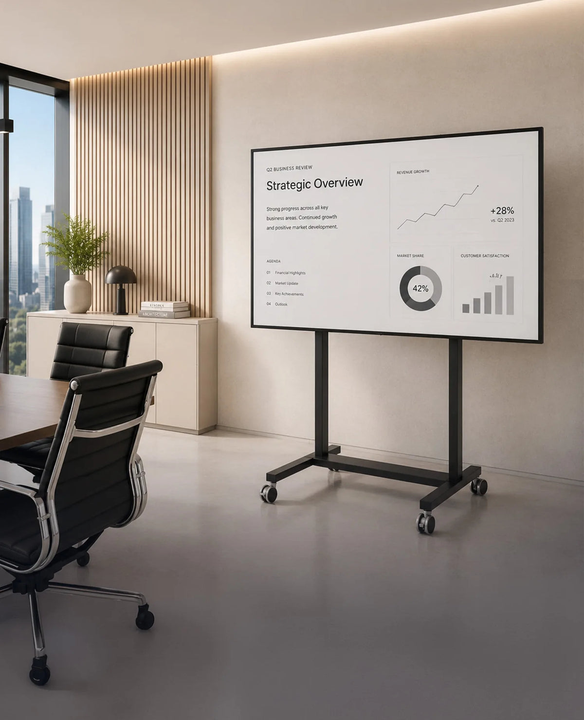 A premium conference room featuring a celexon Adjust-42100MB display stand in a slightly angled front view. The large display shows a clean, minimalist business presentation. Floor-to-ceiling windows, vertical wooden slats, light-colored materials, and soft natural daylight create an elegant, high-end atmosphere with a clear focus on the product.