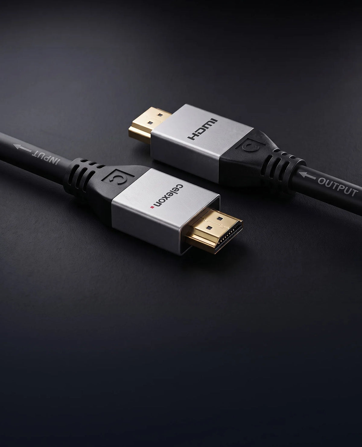 celexon active HDMI cable with Ethernet - 2.0a/b 4K - Professional Line in front of a dark background