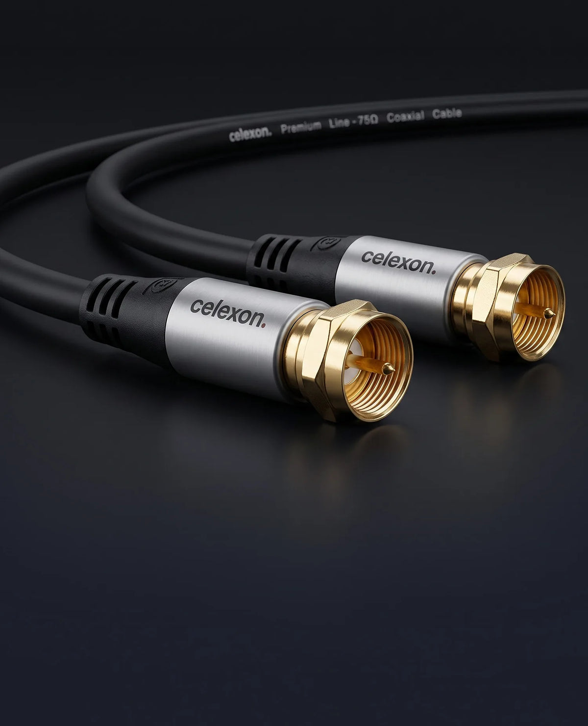 celexon F-plug satellite antenna cable - Professional Line in front of a dark background