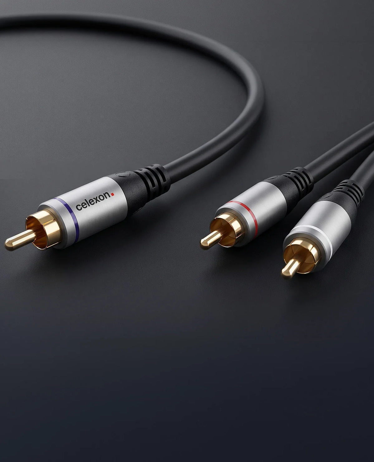 celexon RCA to 2x RCA audio cable - Professional Line in front of a dark background