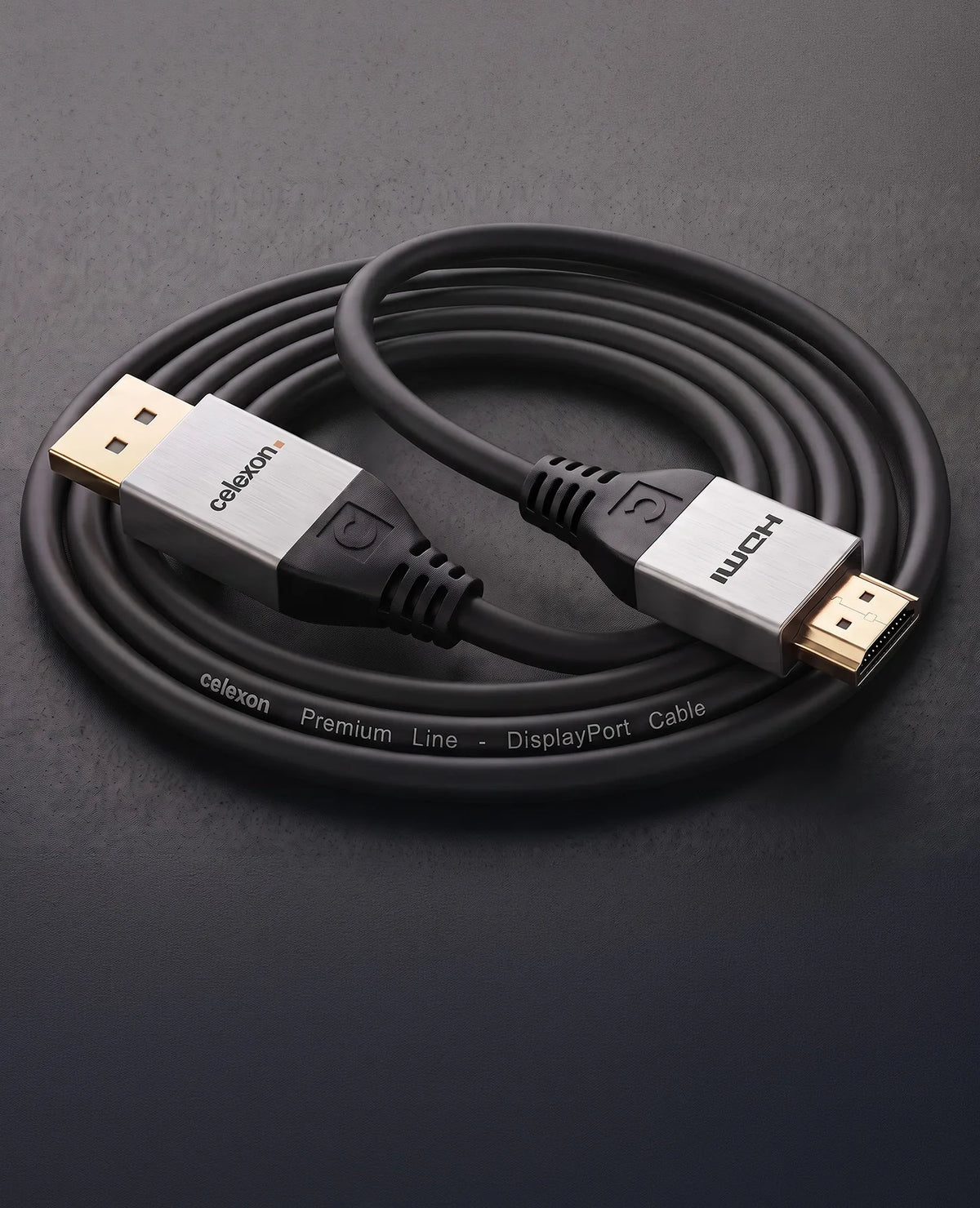 celexon DisplayPort to HDMI cable 4K  - Professional Line in front of a dark background