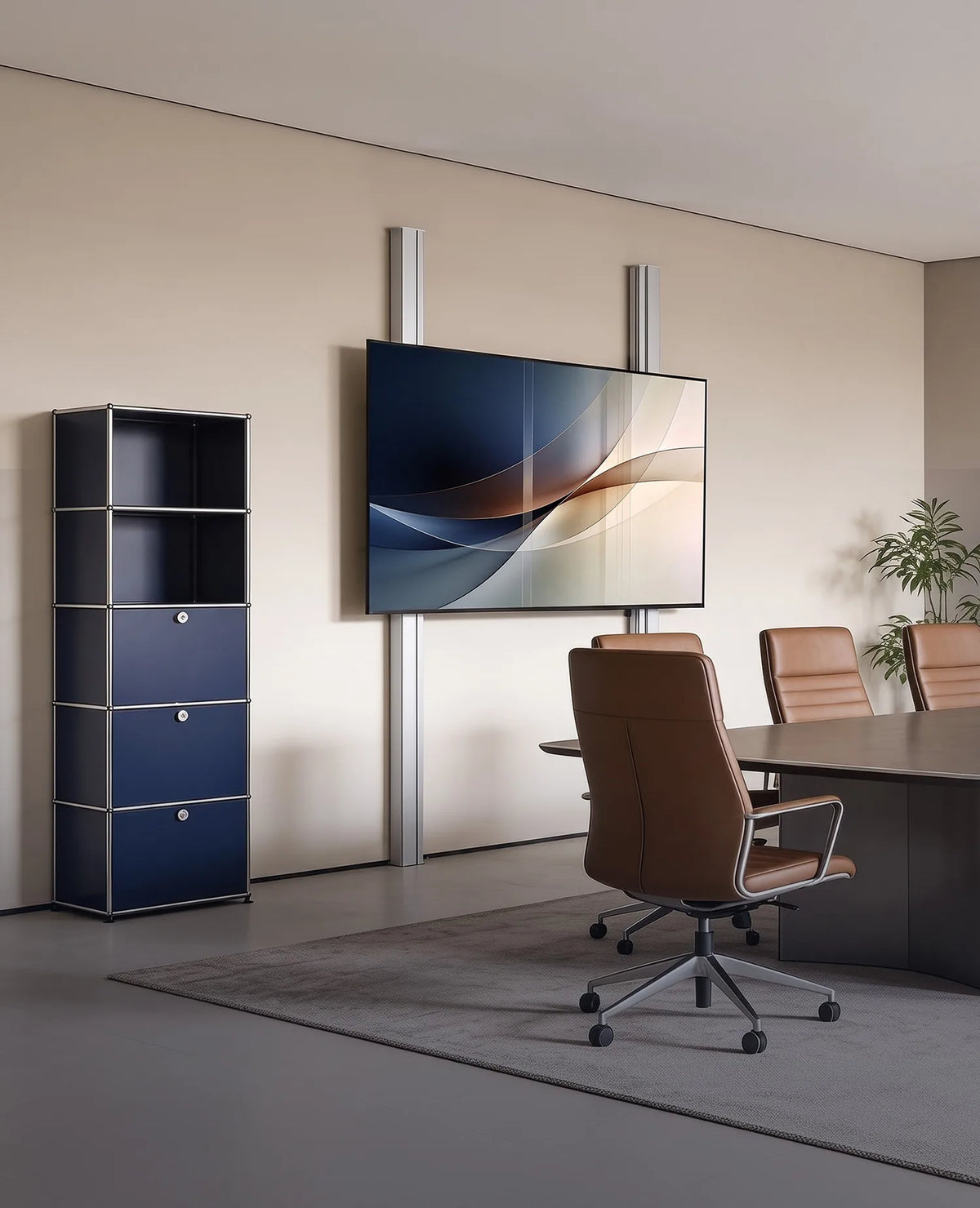A premium conference room featuring an interactive whiteboard system in a slightly angled front view. The central display presents a clean, minimalist abstract visual, flanked by two whiteboards. Light-colored materials, subtle tones, and soft natural daylight create an elegant, high-end atmosphere with a clear focus on the product.