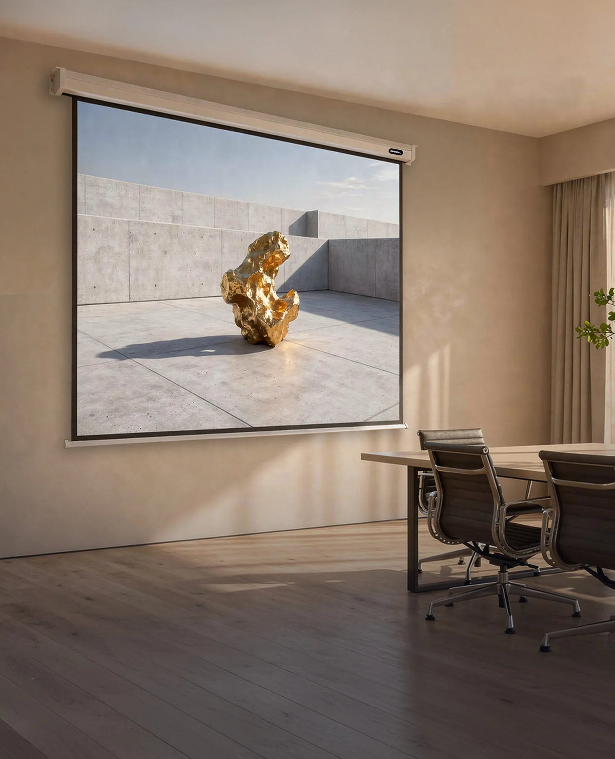 Modern meeting room. A large, extended celexon Professional electric projection screen is mounted on the wall. Displayed on it is a minimalist art and architecture scene: an abstract, gold-colored sculpture standing in an open area of light exposed concrete, surrounded by clean, geometric concrete walls.