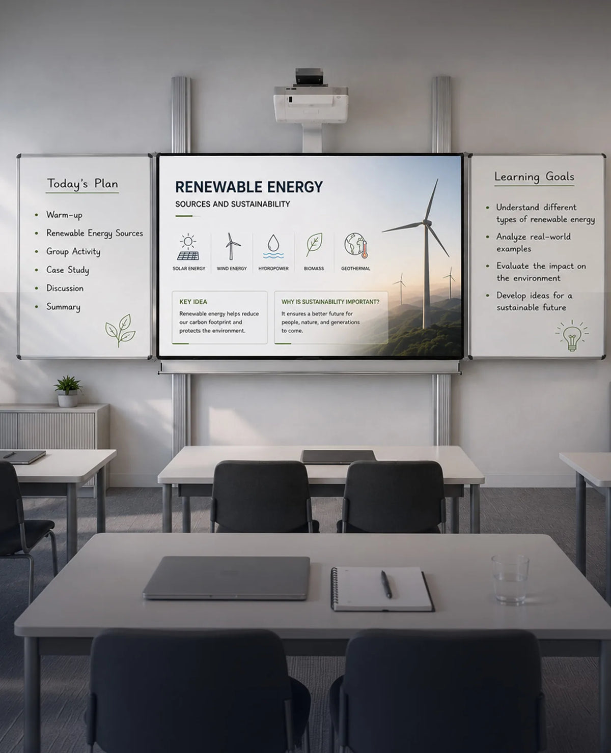 A modern classroom featuring a wall-mounted pylon system that combines a central interactive display with two side whiteboard wings. The display presents a lesson on “Renewable Energy”, featuring renewable energy icons, wind turbines, and clean, easy-to-read infographics. The whiteboards contain a handwritten lesson agenda and learning objectives. Light-colored student desks with notebooks, laptops, and writing materials, subtle storage cabinets, indoor plants, and an ultra-short-throw projector mounted