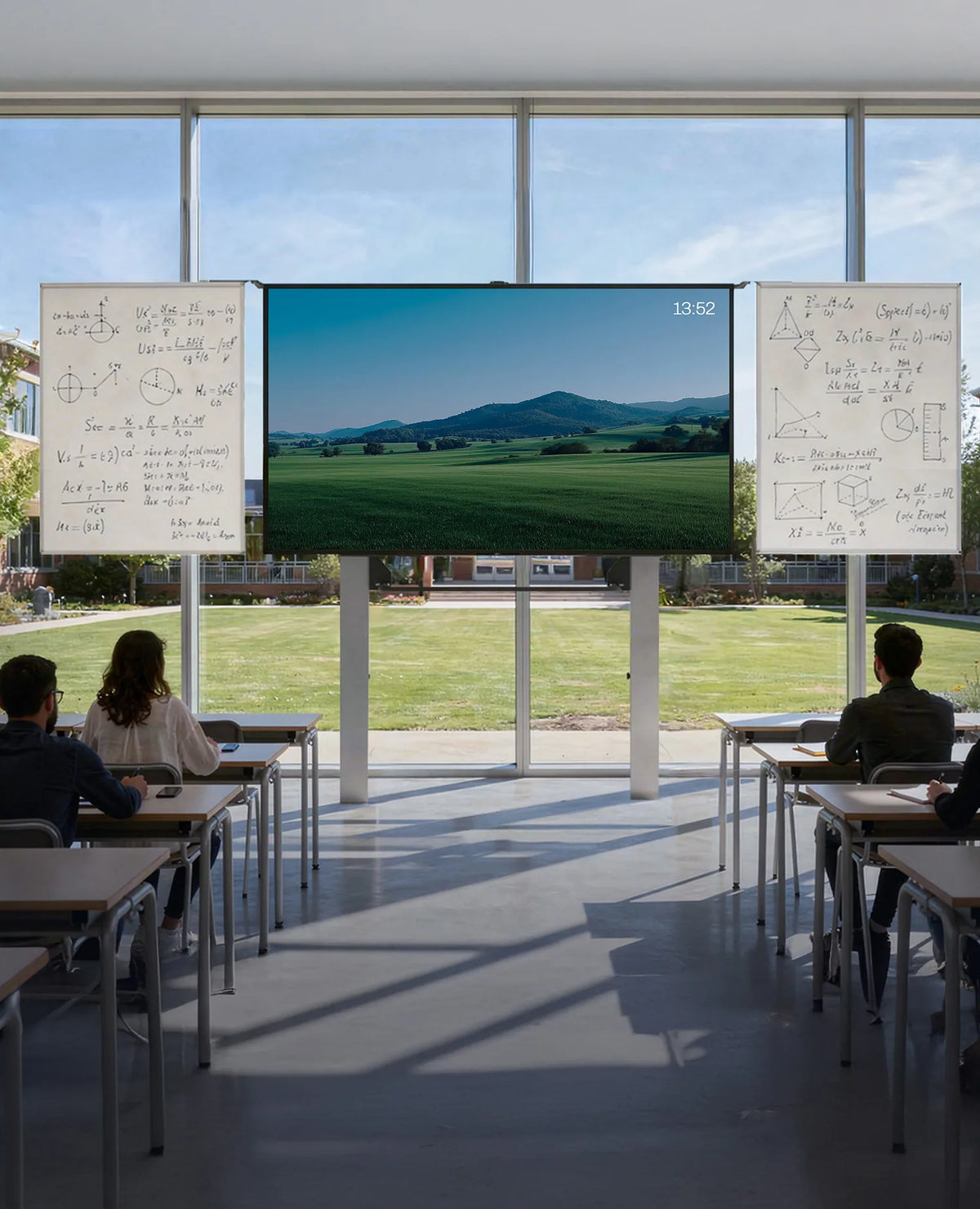The image shows a modern classroom with large window fronts overlooking a well-maintained campus. In the center stands a large celexon Expert manual 2-column pylon system Adjust-W with a digital display showing a calm landscape of green fields and rolling hills, while traditional whiteboards on the left and right are covered with mathematical formulas and sketches. Several students are seated at tables, facing forward.