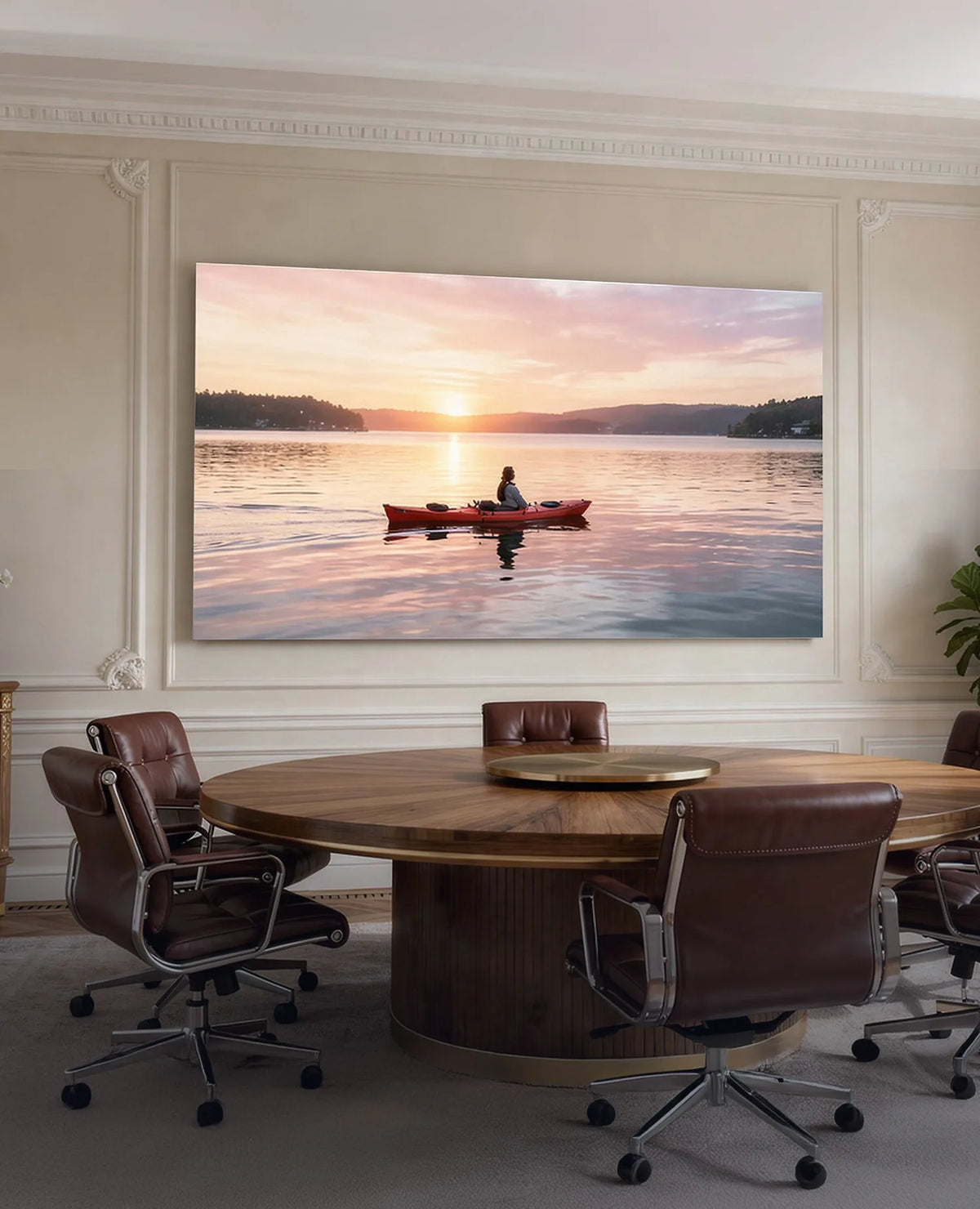 Stylish conference room featuring a celexon Expert Fixed Frame Projector Screen PureWhite, displaying a projection of a calm sunset over a lake.