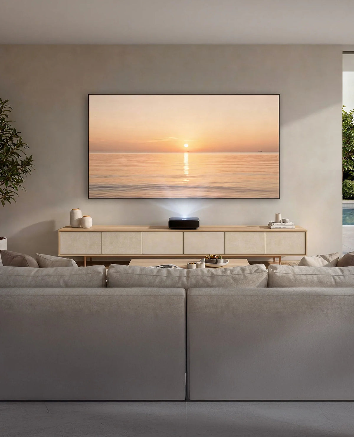 The image shows a modern, calm living room featuring a celexon CLR HomeCinema UST High Contrast Frame Projector Screen V2.0, displaying a warm sunset over the sea on a simple wall.