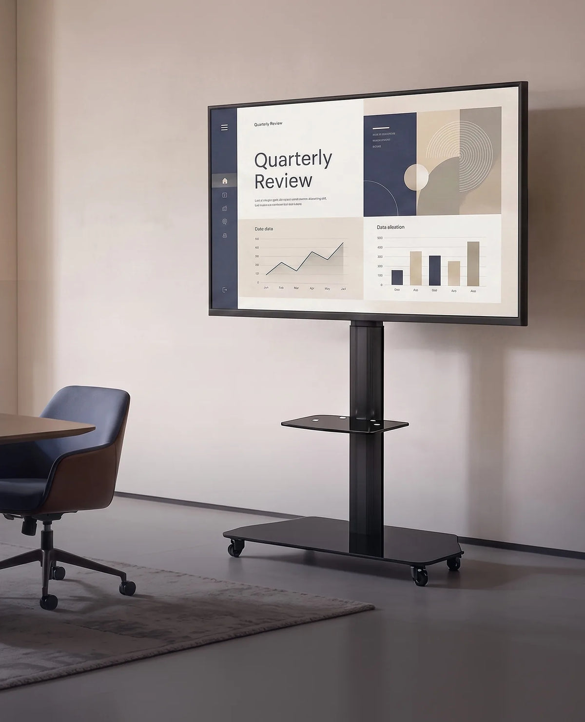 A premium meeting room featuring a celexon Adjust-3770MP display trolley in a slightly angled front view. The large display shows a clean, minimalist business presentation. Light-colored materials, subtle tones, and soft natural daylight create an elegant, high-end atmosphere with a clear focus on the product.