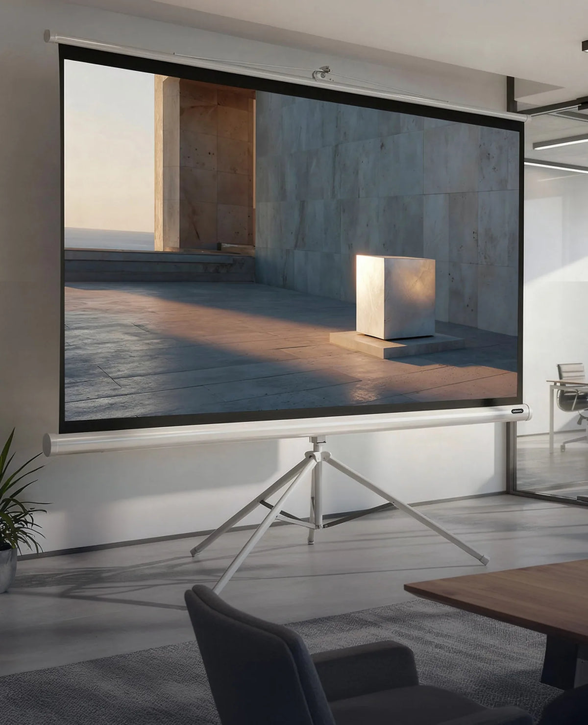 The image shows a modern, light-filled meeting and presentation room in a contemporary office. In the foreground stands a celexon Tripod Economy Projector Screen – White Edition, displaying a minimalist architectural scene with concrete surfaces, clean lines, and a sculptural lighting installation.