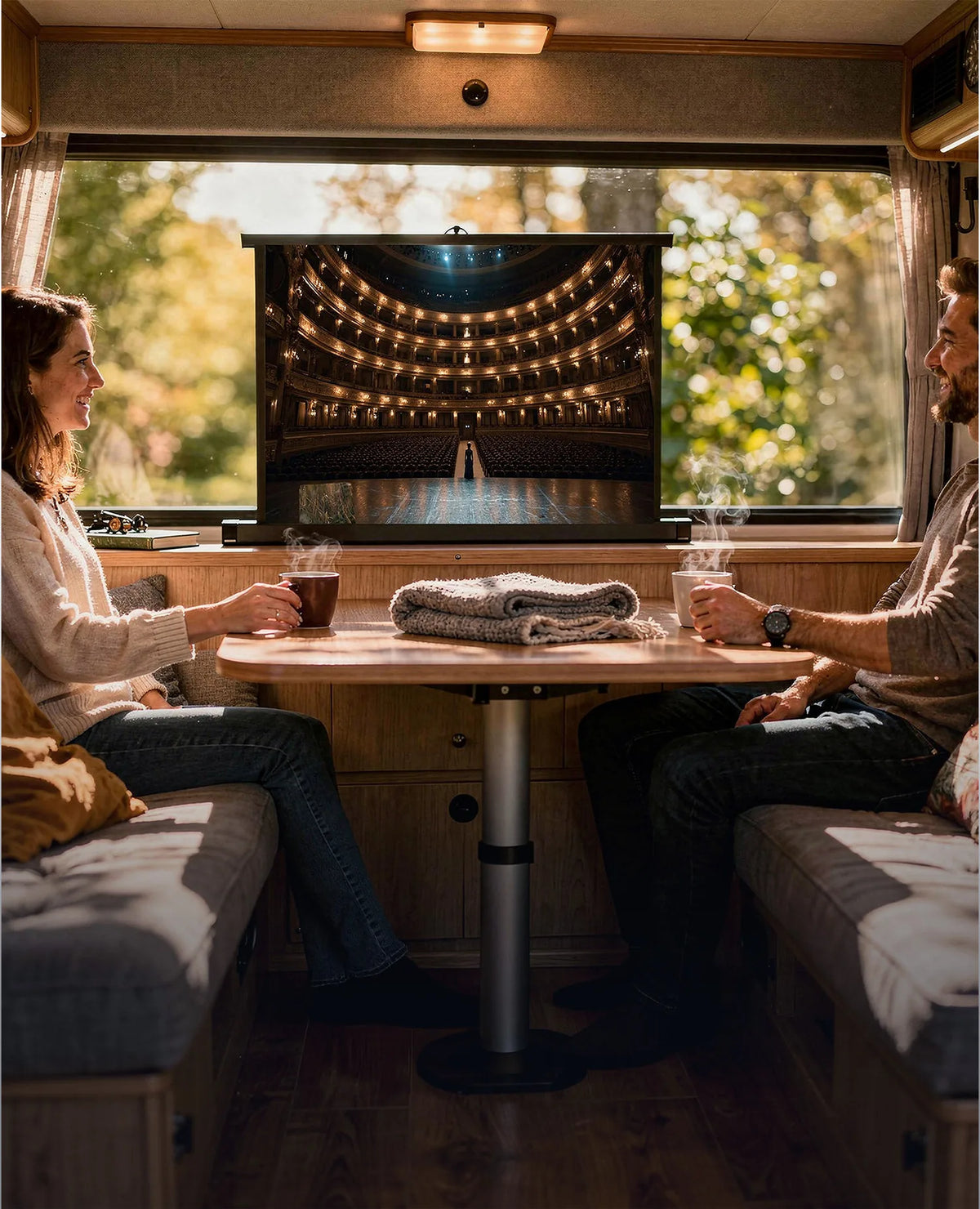 The image shows a cozy, homely scene inside a camper van. Two people are sitting relaxed across from each other at a small wooden table. Centered between them is an extended tabletop projection screen displaying a grand, ornate opera hall.