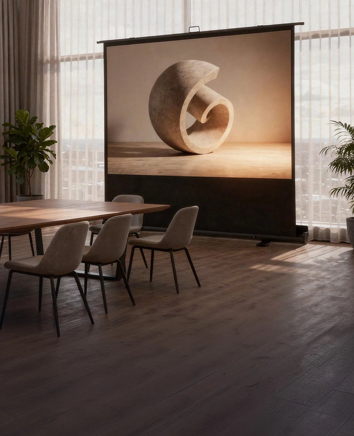 Modern conference room with a large wooden table and a celexon Mobile Professional Plus projector screen, displaying a minimalist stone sculpture in warm light