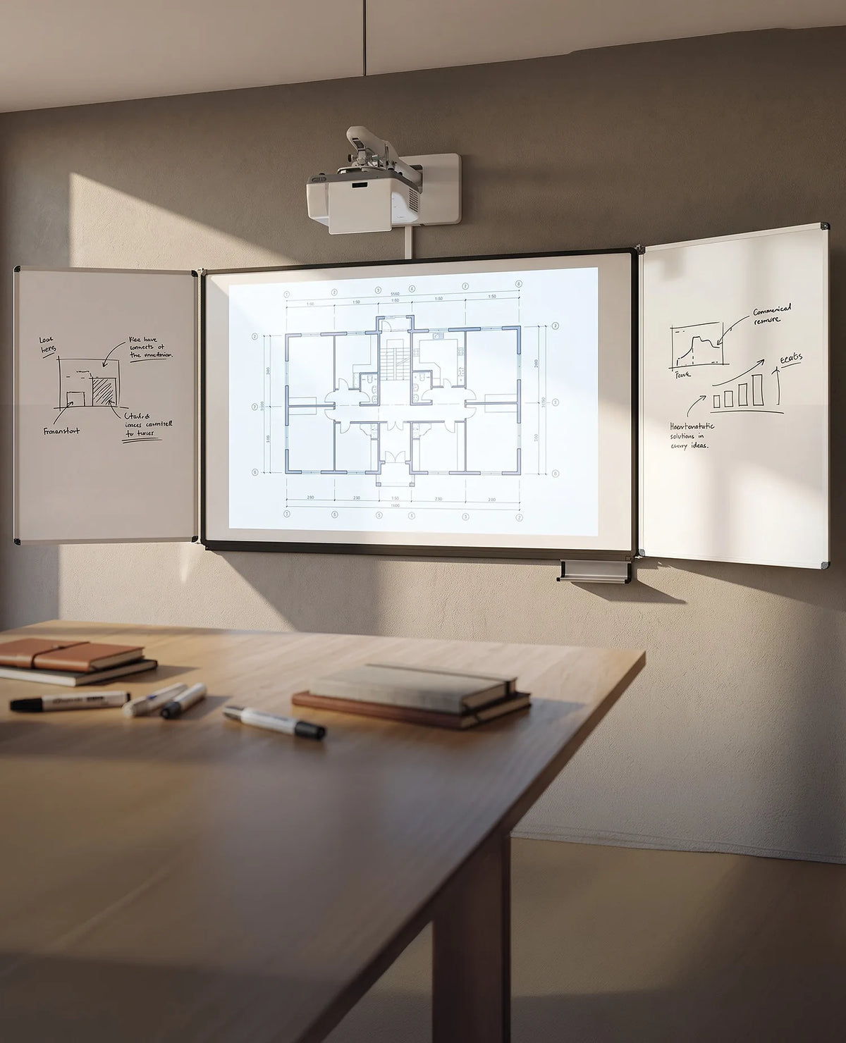 A modern meeting room with an interactive whiteboard system, featuring a building floor plan on the central projection surface. The side whiteboards display handwritten sketches and diagrams, while a projector is mounted on the wall above.