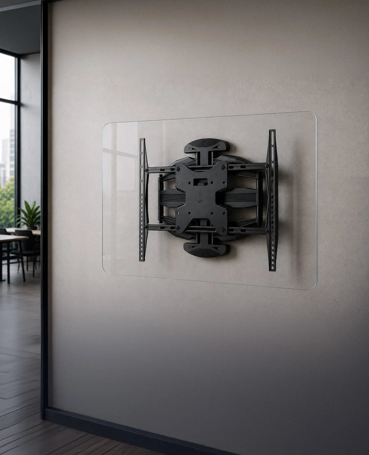 A minimalist product presentation of a TV wall mount with a transparent acrylic panel featuring rounded corners resting on the mount. Slightly angled front view with the entire wall mount fully visible and the central VESA mounting interface clearly shown. A bright, modern wall with a subtle plaster texture, soft natural daylight, and a clean, high-end interior style create an elegant presentation with a clear focus on the product.