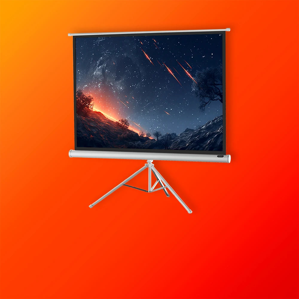 front view of the celexon screen Tripod Economy Projector Screen - white edition on an orange background showing a projection with glowing meteors and stars in the dark night sky 
