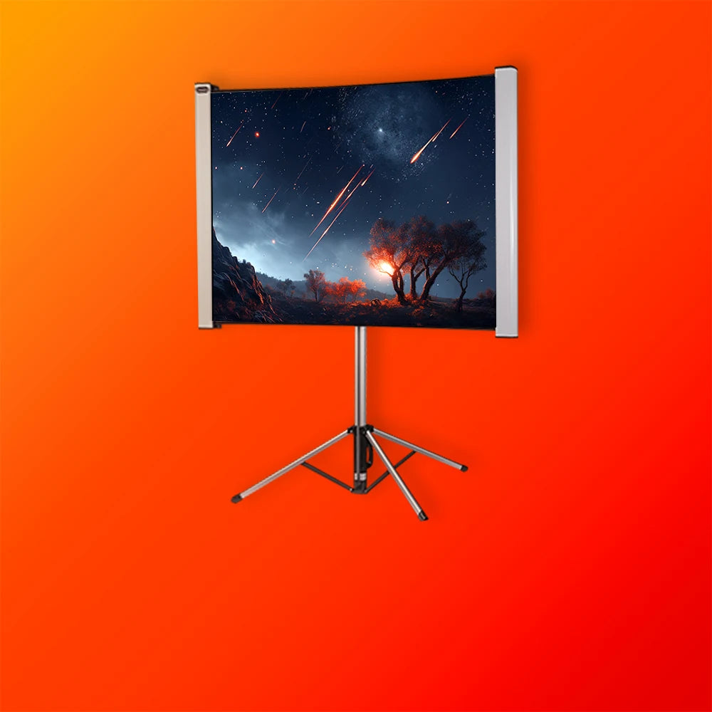 Angled front view of the celexon Dual Format Tripod Screen Mobile Expert on an orange background showing a projection with glowing meteors and stars in the dark night sky 