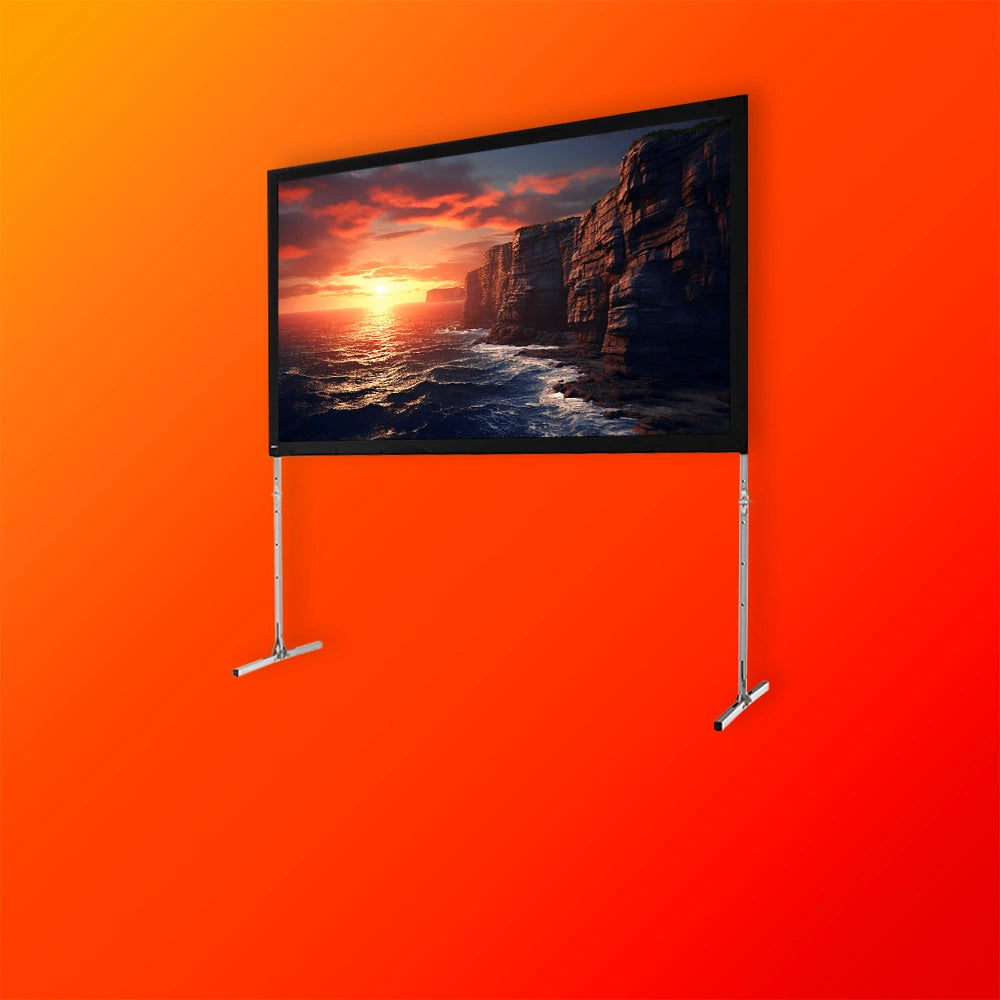 celexon Folding Frame Screen with a projection showing a sea coast with cliffs at sunset on a orange background