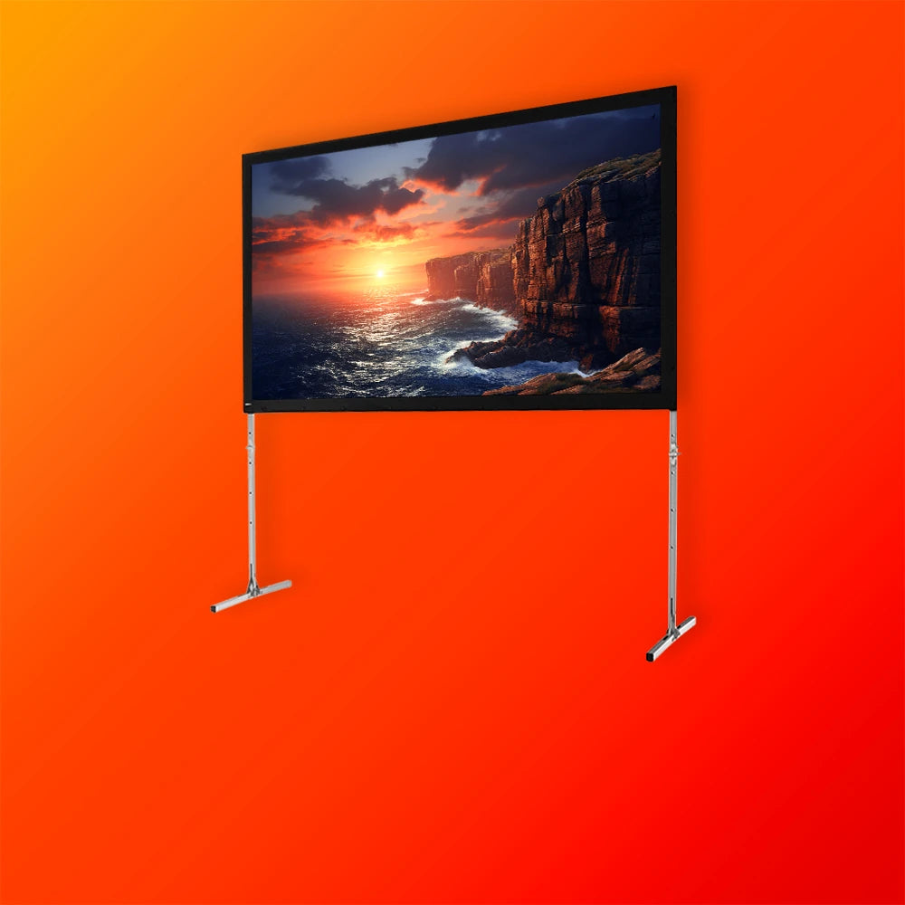 celexon Folding Frame Screen with a projection showing a sea coast with cliffs at sunset on a orange background