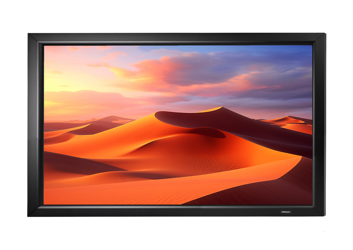 Front view of the celexon Home Cinema Fixed Frame Projector screen showing a projection with an Impressive desert landscape
