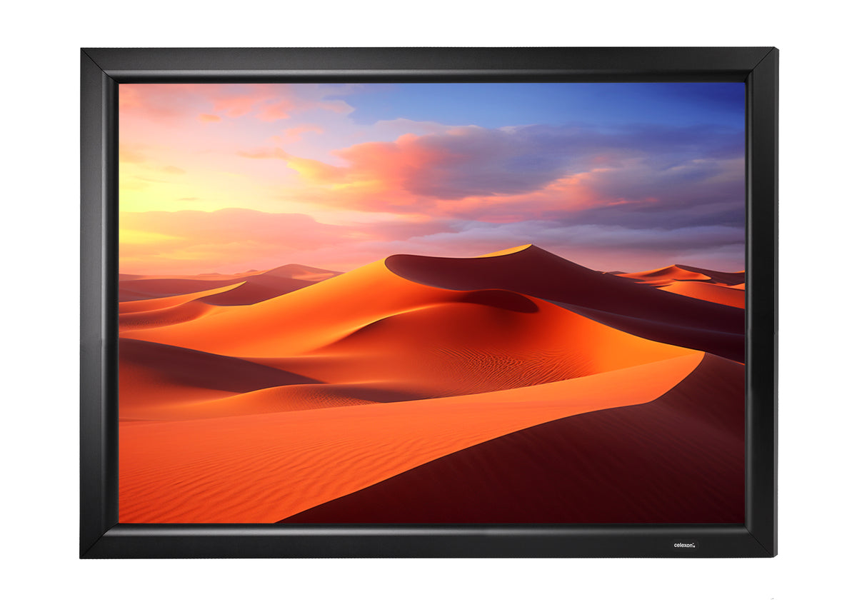 Front view of the celexon Home Cinema Fixed Frame Projector screen showing a projection with an Impressive desert landscape