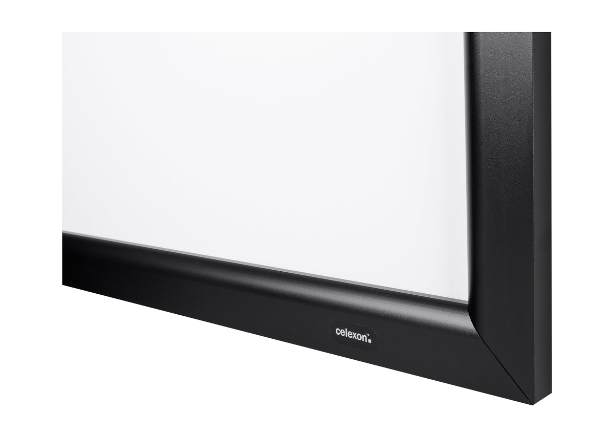Close-up of the frame of the celexon Home Cinema fixed-frame projector screen with celexon logo.