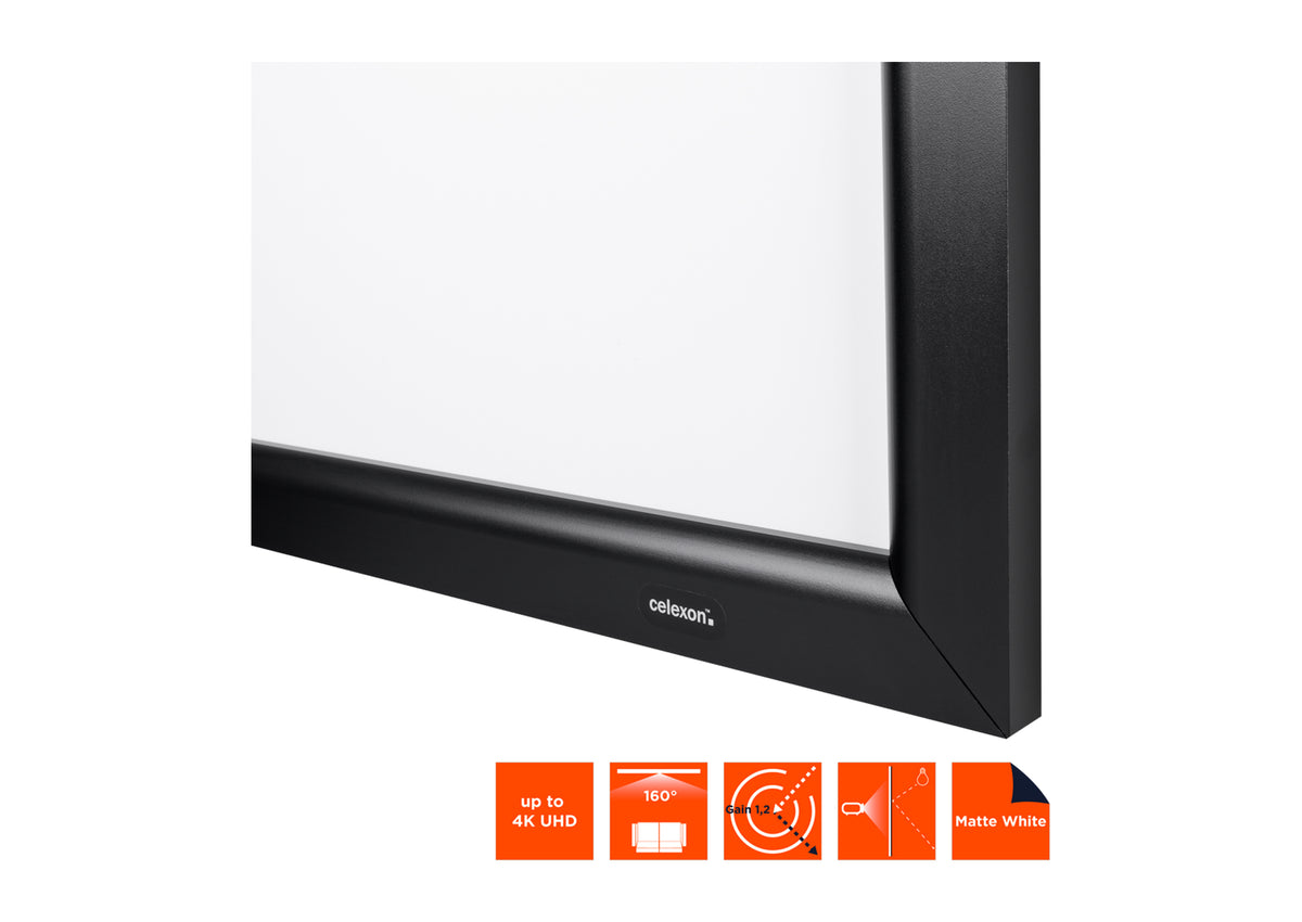 Close-up of the frame of the celexon Home Cinema fixed-frame projector screen with celexon logo with technical specs shown as orange icons