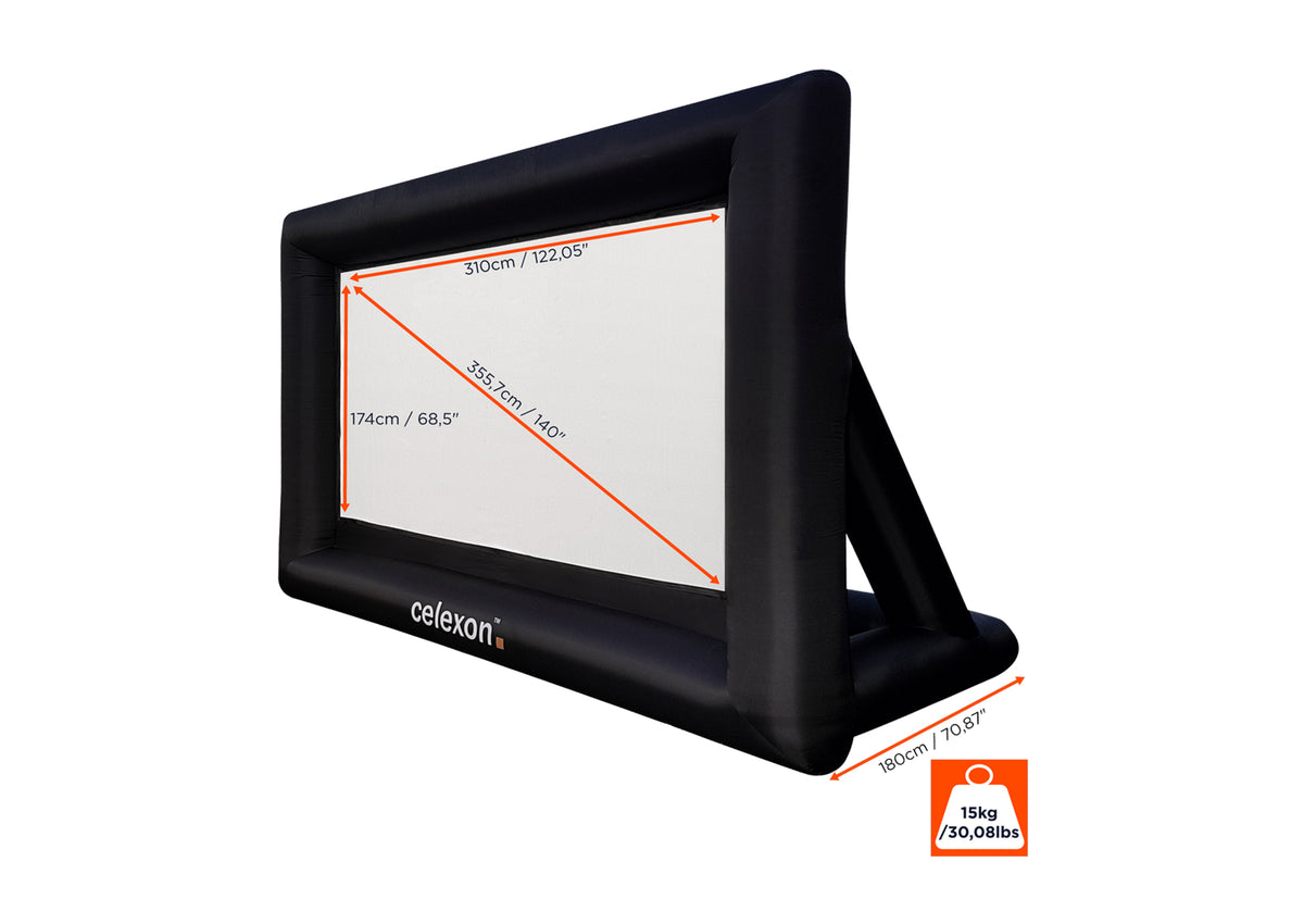 Frontal side view of the celexon inflatable outdoor projector screen INF200 without projection but with screen dimensions indicated