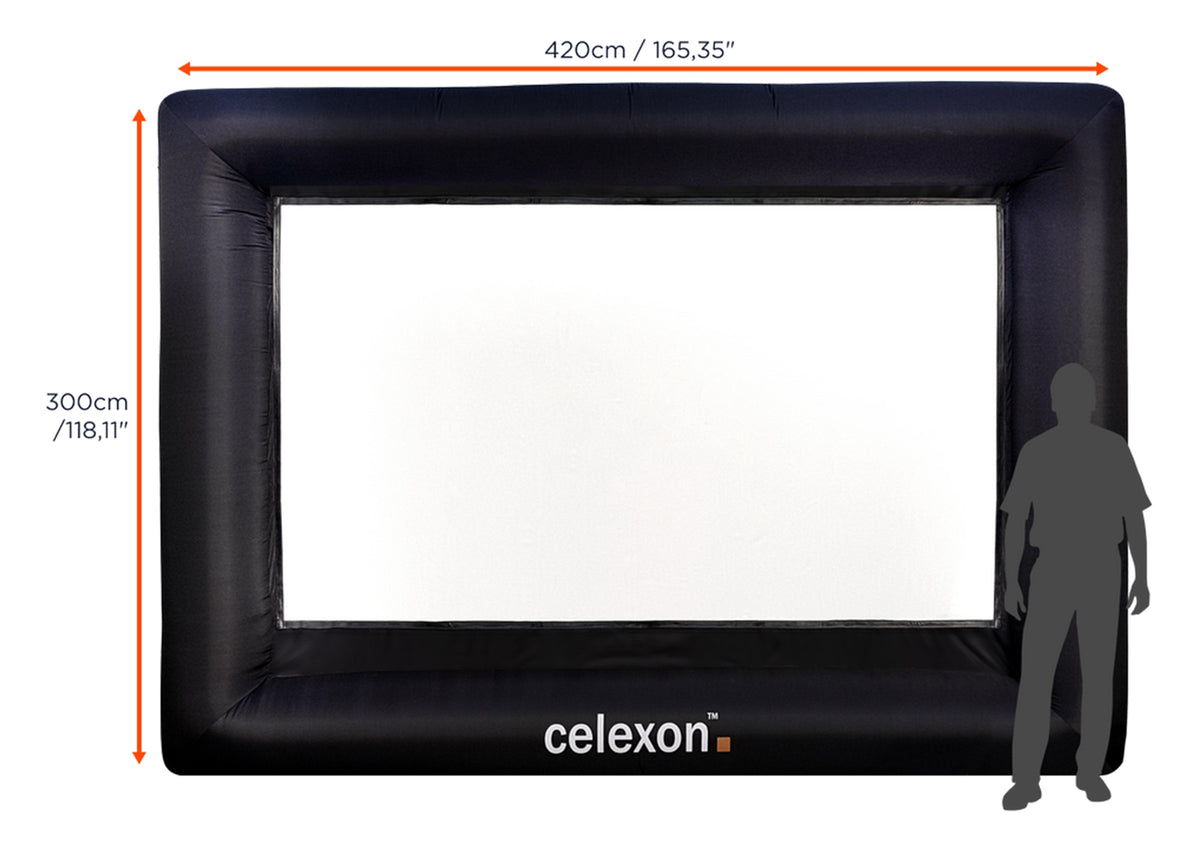 Frontal view of the celexon inflatable outdoor projector screen INF200 without projection but with screen dimensions indicated and with a dark grey human-silhouette