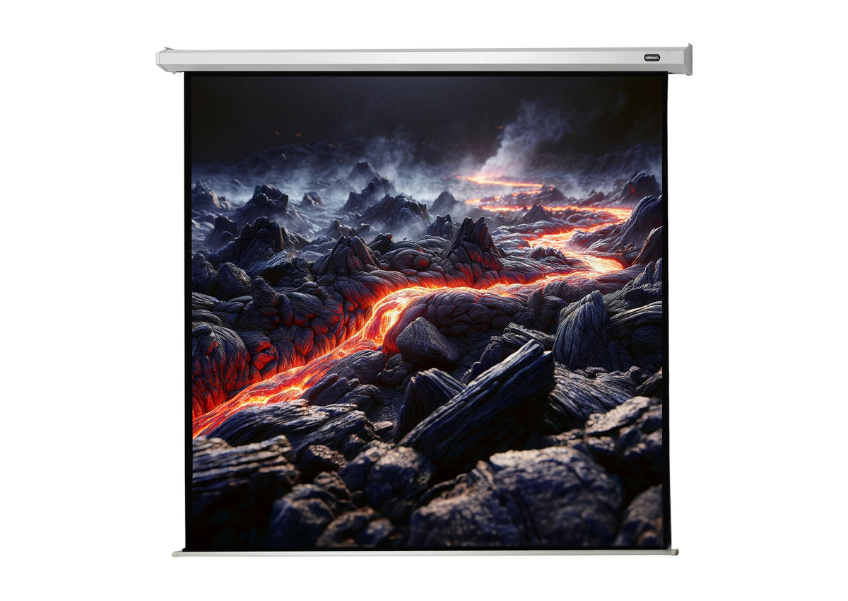 Frontal view of the celexon Projector screen Electric Economy with a projection showing volcanic rock with lava