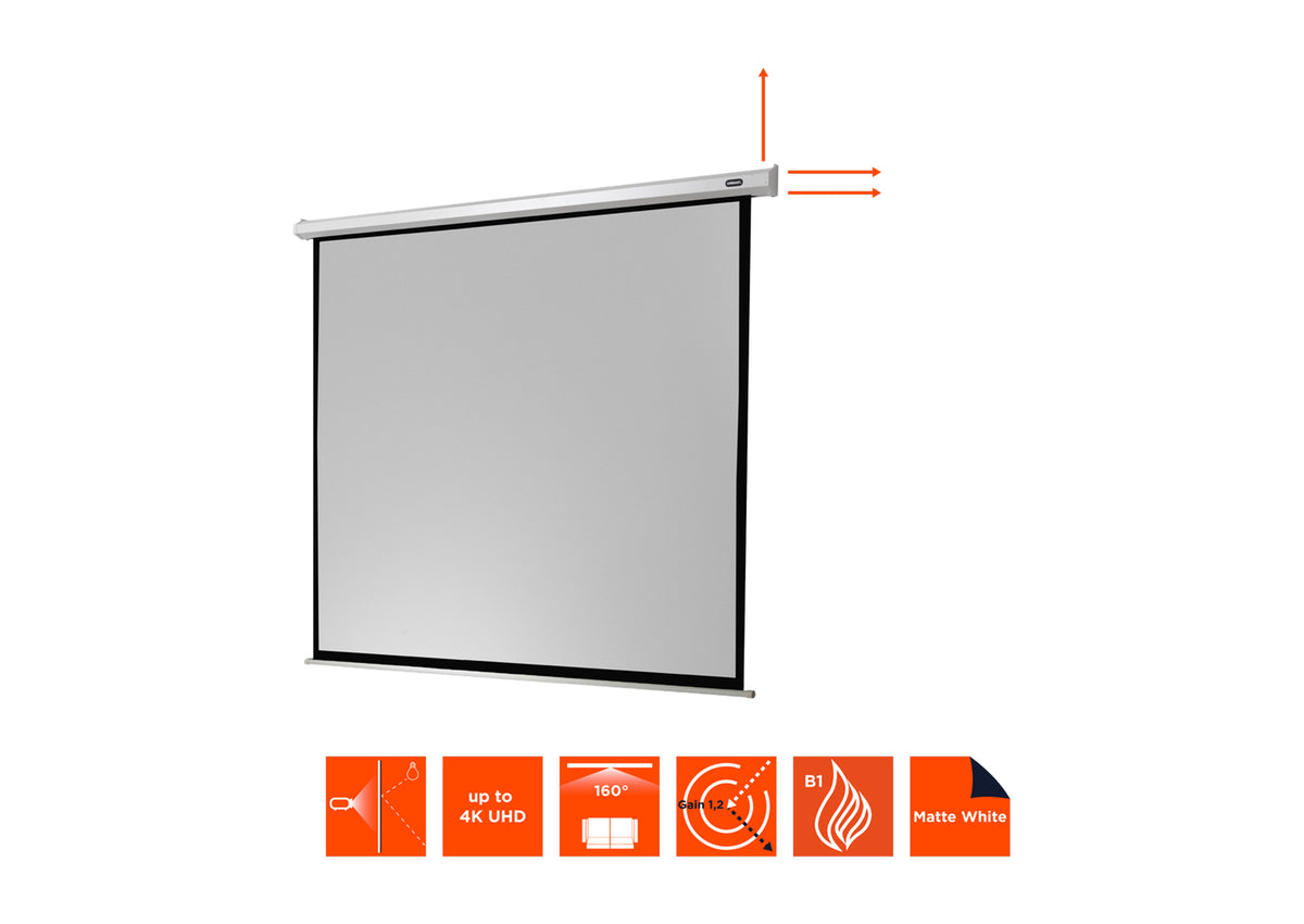 Frontal angled view of the celexon Projector screen Electric Economy without projection, but with screen dimensions indicated 